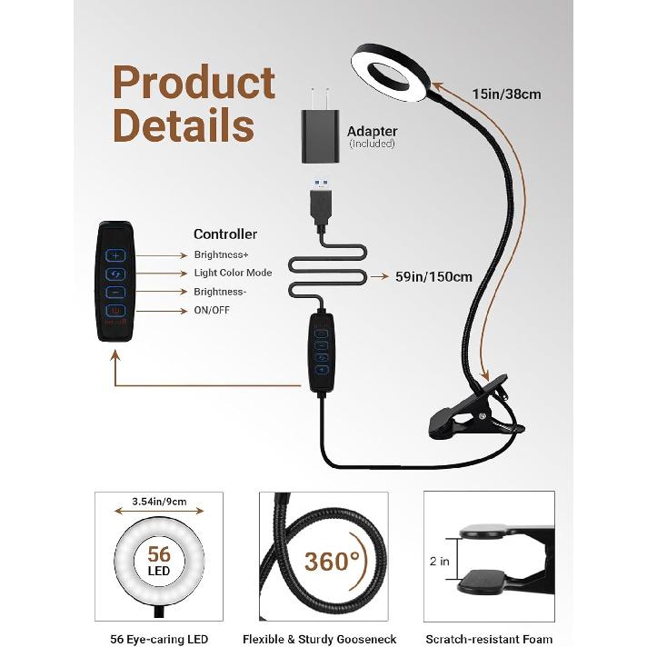 Clip on Lamp,5 Colors+10 Brightness LED Desk Lamp with Clamp,550lm Bright Clip on Light for Bed Headboard/Bedside Table,360°Adjustable Reading Light