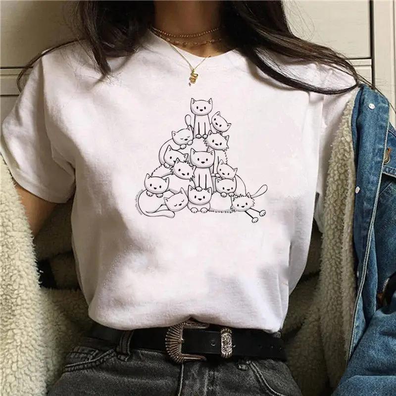 

Vintage Cartoon Cats Print Ladies TShirt Tops Summer Casual Basics OCollar White Tee Shirt Short Sleeve Graphics Women Tshirt S