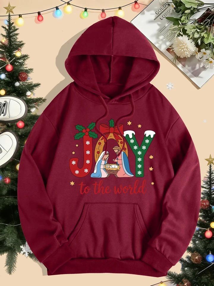Women’s Merry Christmas Happy World Print Pocket Loose Hoodie