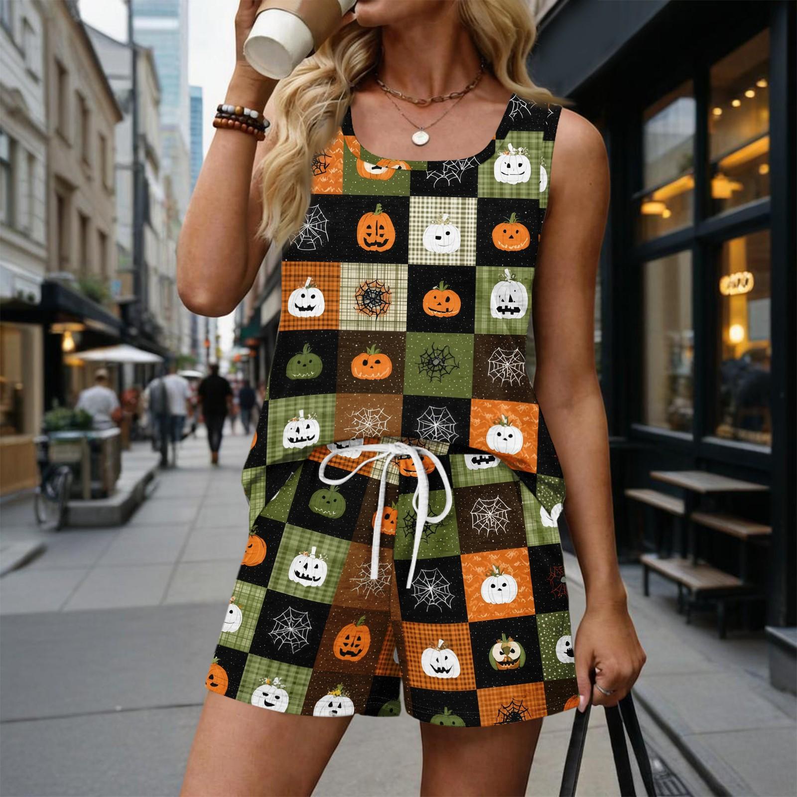 Women s Fashionable Casual Halloween Color-Block Printed Sleeveless Set XXL