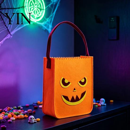 Portable Candy Containers Halloween Felt Bag for Kids, Pumpkin Bat Trick or Small Gift Sacks Kids Treat Tote Bags, Reusable Thickened Party