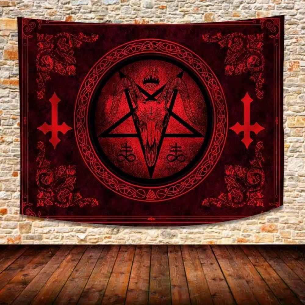 

1pc Halloween Night Ceremony Tapestry Satan Goat Head Witch Chamber Altar Bar Room Living Room Wall Banner Decoration 74x94cm(29x37in)