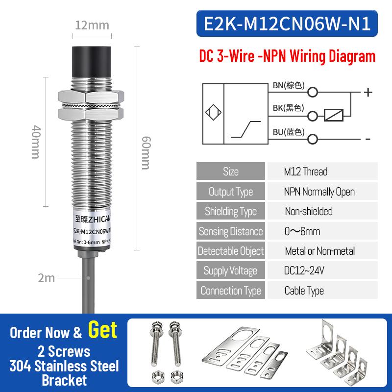 ZHICAN E2K M12 M18 Capacitive Proximity Sensor 30mm Long Range Plastics Glass Wood Metals Nonmetal Material Detection Switch