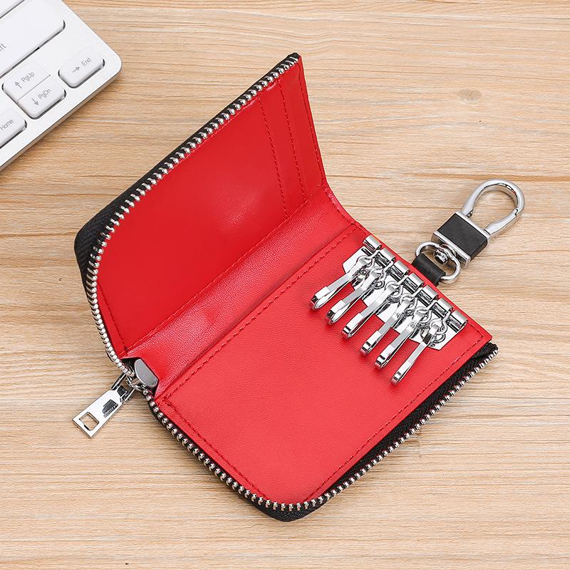 Multifunctional Leather Household Key Bag Men's and Women's Zipper Carbon Fiber Pattern Car Door Key Bag 2-in-1 Key Bag