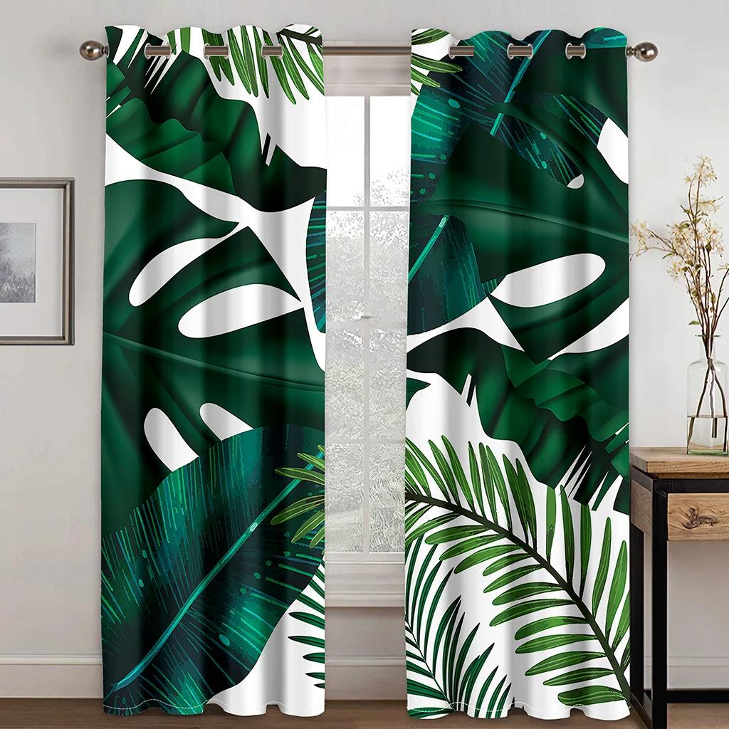 Custom European Elegant Green Leaves Curtains Luxury Curtains Tropical Leaves Pattern Window Curtains for Bedroom Living Room