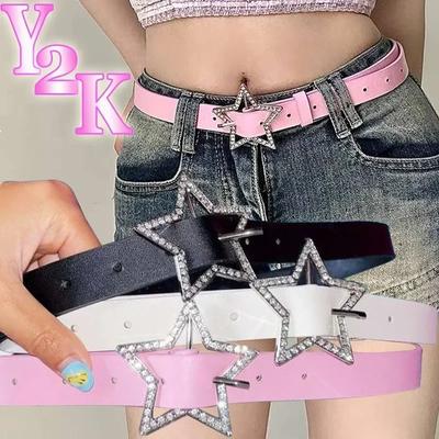 Cinturón con hebilla de estrella Y2K de cuero rosa con ribete elástico y adornos en la cintura, accesorios de decoración retro para novias con diamantes de imitación brillantes