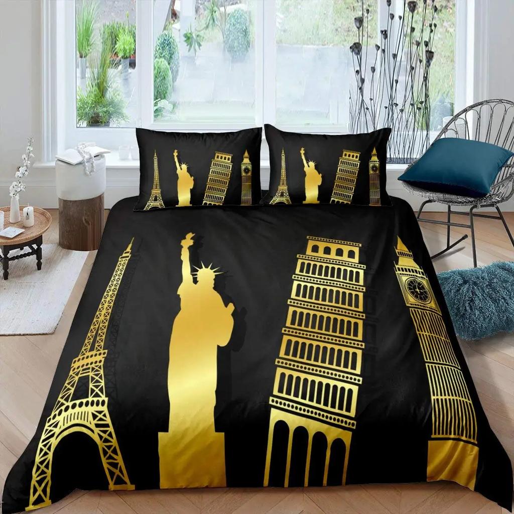 Freiheitsstatue Bettbezug Hip Hop Doppelgröße Friedenszeichen Liebesherz Bettwäscheset Amerikanische Augen Bunt Polyester Steppdecke