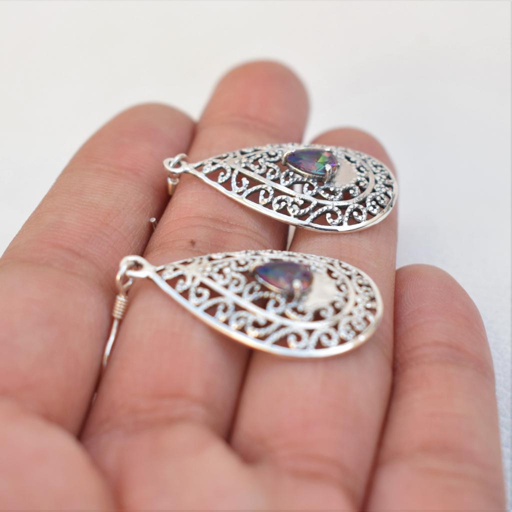 Mystic Topaz Earrings, Designer Rainbow Topaz Earring, 925 Sterling Silver Handmade Earrings, Teardrop Topaz Earrings, Gift for Birthday