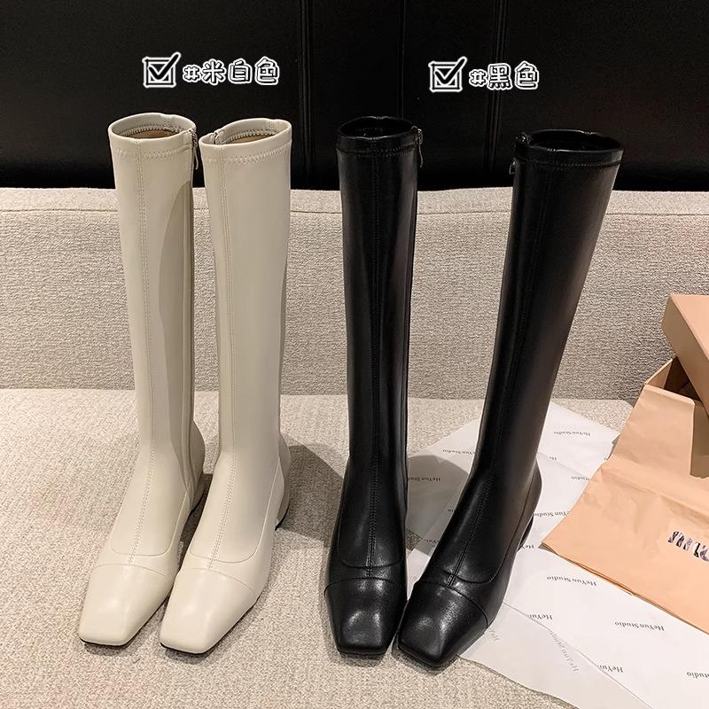 Exquisite little woman~ Korean version of temperament square head hollow thick heel side zipper large size but knee white boots women