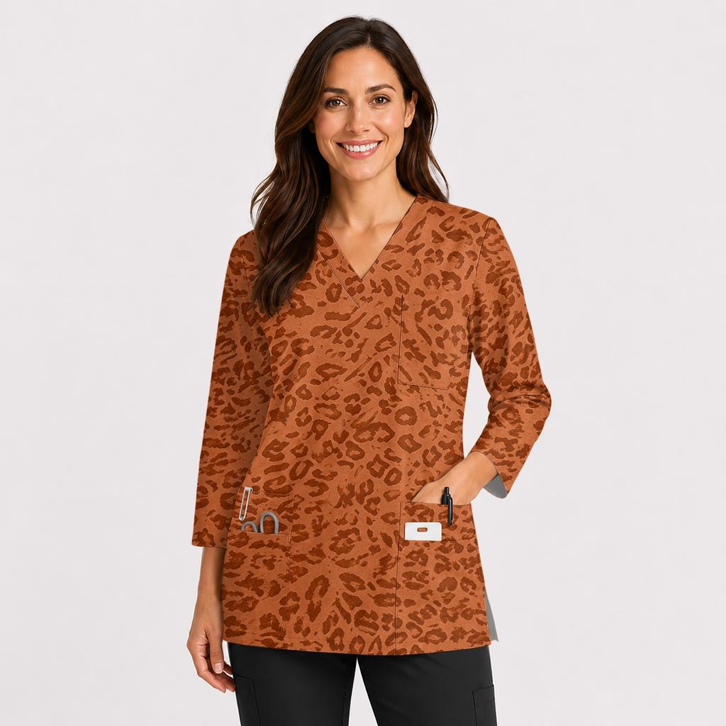 Women's Printed Scrub Top, V-Neck, Double Pockets, Side Slit, 3/4 Sleeve