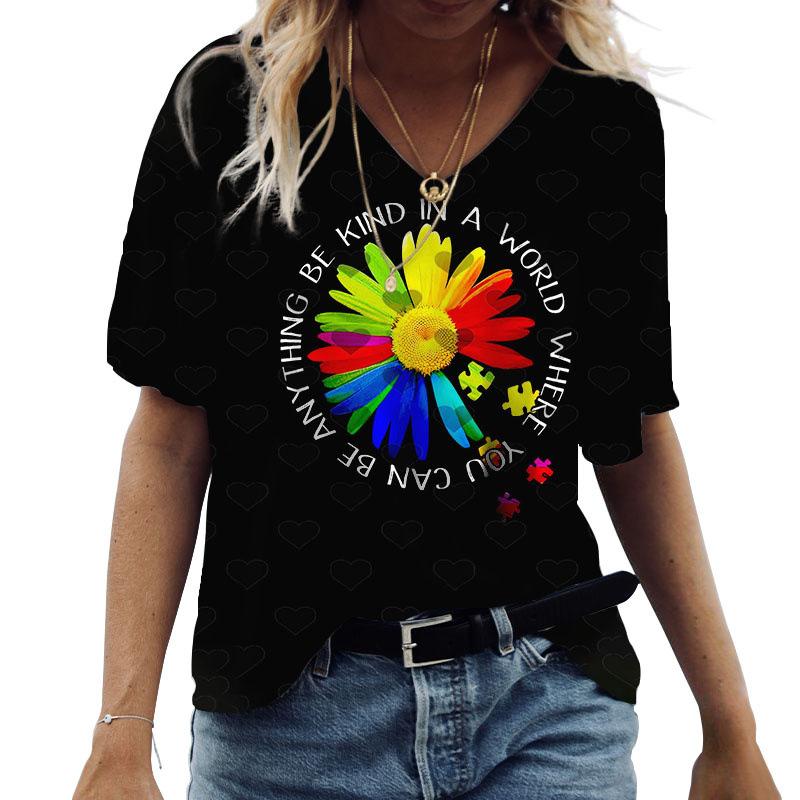 Verão Manga Curta Decote V Nova Blusa Camiseta Casual Feminina Girassol Estampa 3D