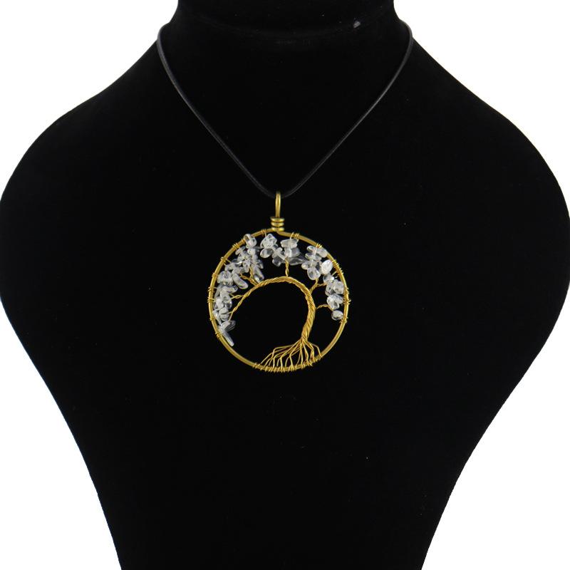 Hand-Wound Natural Gravel Crystal Pure Copper Curved Tree Of Life Pendant Necklace N43