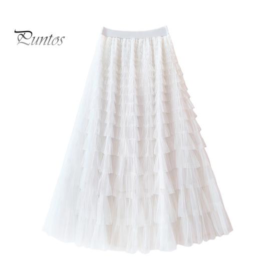 

Женская юбка-торт, однотонная длинная юбка со средней талией и эластичным поясом, сетчатый подол, юбка-макси А-силуэта, повседневная одежда белый