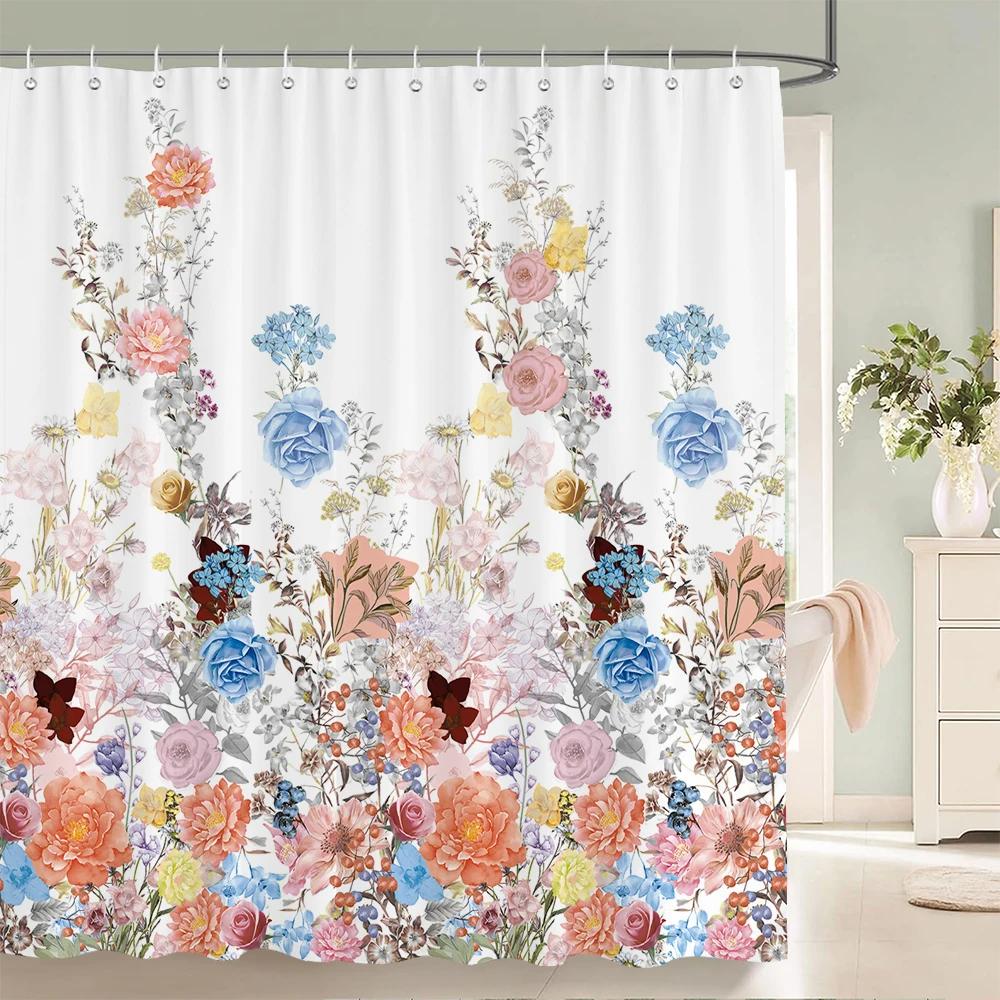 1 Pc Spring flowers and plants pattern Shower Curtain, Waterproof Fabric Bathroom Curtain Machine Washable for Bathtub Decor