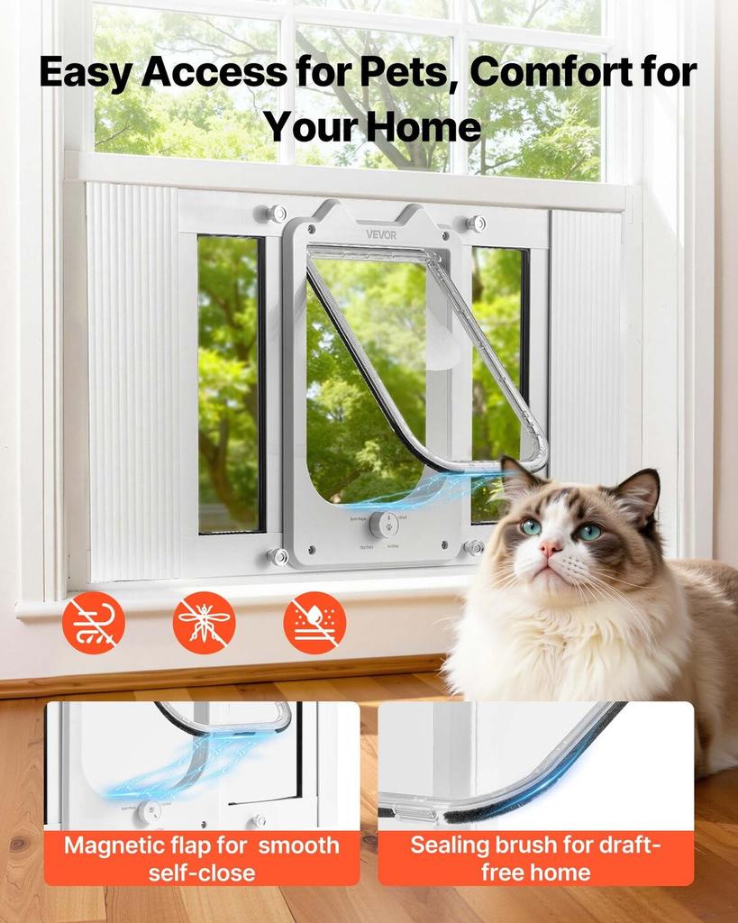 Cat Door for Window, Adjustable To Fit Window Width 584-711 Mm, 4 Secure Lock Modes, Aluminum Frame and High-Transparency Glass, Magnetic Closure,
