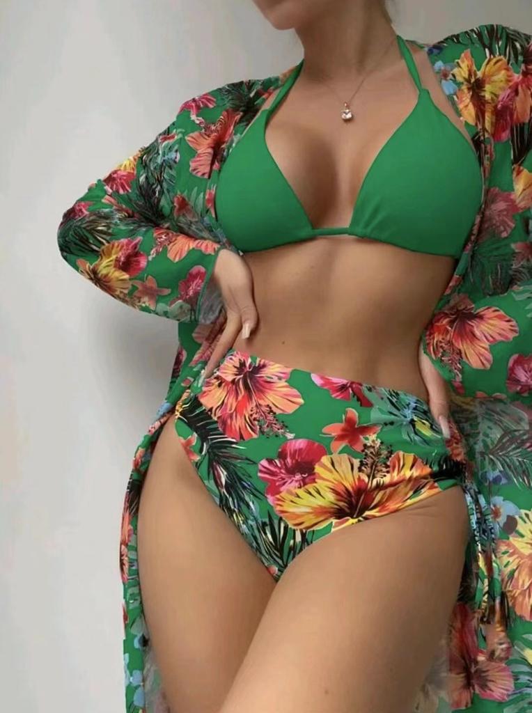 New swimsuit bikini long-sleeved blouse sexy tight-fitting printed split bikini three-piece set