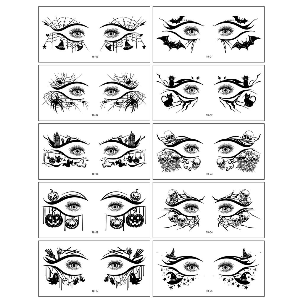 10 Pairs Halloween Eye Stickers Sweatproof Halloween Face Tattoo Stickers Spider Bat Skull Women Masquerade Cosplay Party