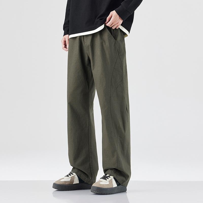 American retro army green casual pants men's autumn new trendy brand fashion splicing straight cotton wide leg straight pants