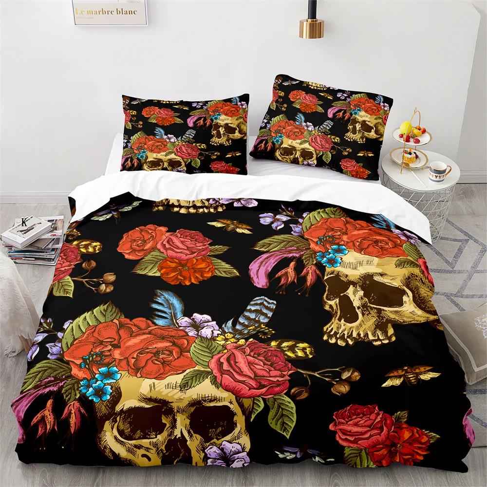 Sugar Skull King Queen Duvet Cover Gothic Skeleton Bones Floral Bedding Set Day Of The Dead Theme 2/3Pcs Polyester Quilt Cover