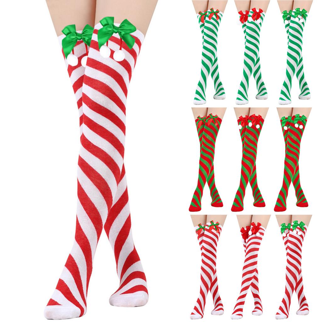 Women's Bowknot Christmas Stockings With Pom-poms Stripes Pattern Knee-high Over-the-knee Socks