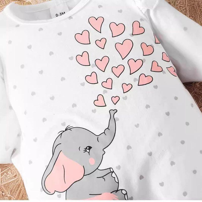 Foreign Trade Ins Newborn Infant Girl Baby Spring and Autumn Style Long-Sleeve Romper with Elephant Print and Open Crotch, Includes Hair Accessory
