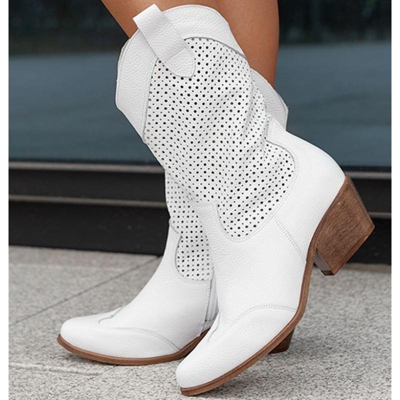 Fashion White Western Cowboy Boot Suede Long Boots Soft Platform Boots Side Zipper Women Solid Color Chelsea Boot Botas Mujer