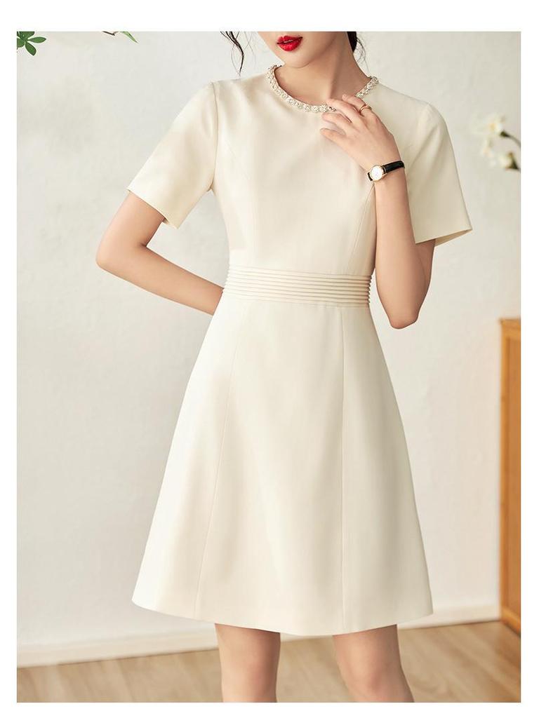 French Luxury Striped Studded Short Sleeve Dress for Women