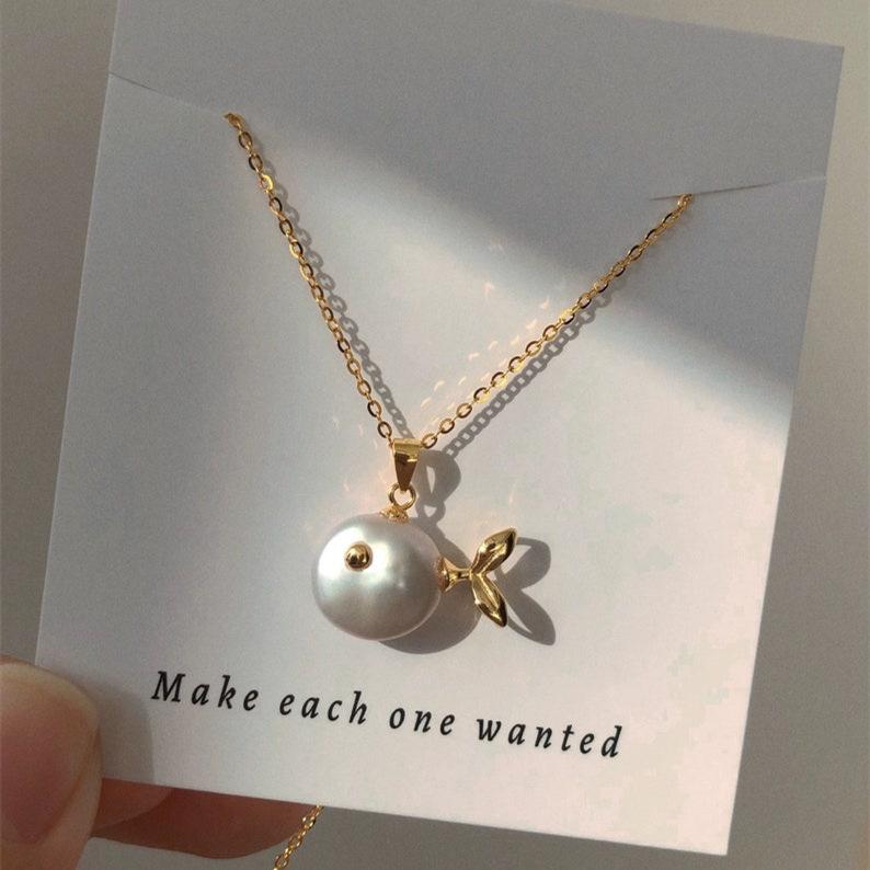 Baroque Little Whale Necklace, Special-Shaped Pearl, Marine Life Pendant, Collarbone Chain, Small Fish Stud Earrings Set, Color Retention.