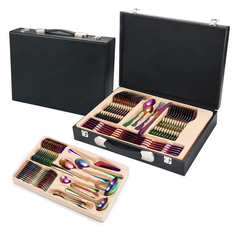 

Нож, вилка и ложка Посуда из нержавеющей стали Костюм из 72 предметов Креативный высококлассный набор из нескольких предметов Костюм Подарочная коробка Кожаный чехол