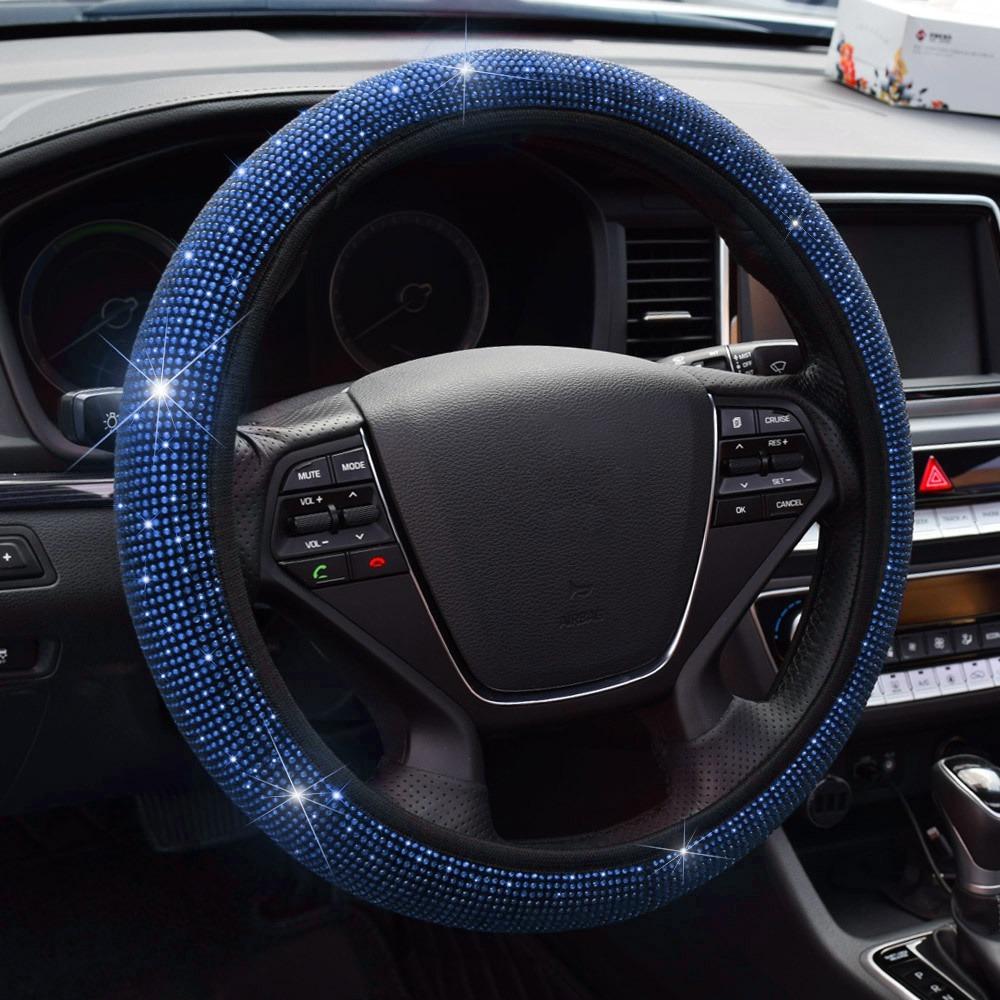 38cm Bling Rhinestones Steering Wheel Cover for Women Girl with Crystal Diamond Sparkling Car SUV Breathable Anti-Slip Universal Steering Wheel Covers