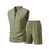 Men Solid Linen 2 Piece Outfit Mandarin Collar Lace Up Sleeveless Tank Drawstring Shorts Beach Set