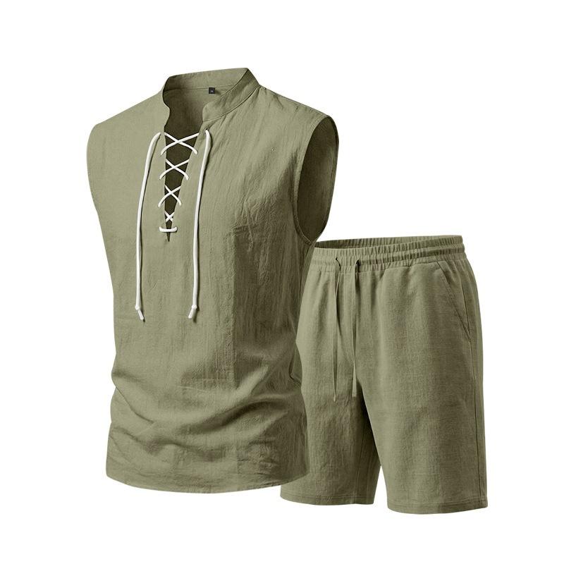 Men Solid Linen 2 Piece Outfit Mandarin Collar Lace Up Sleeveless Tank Drawstring Shorts Beach Set