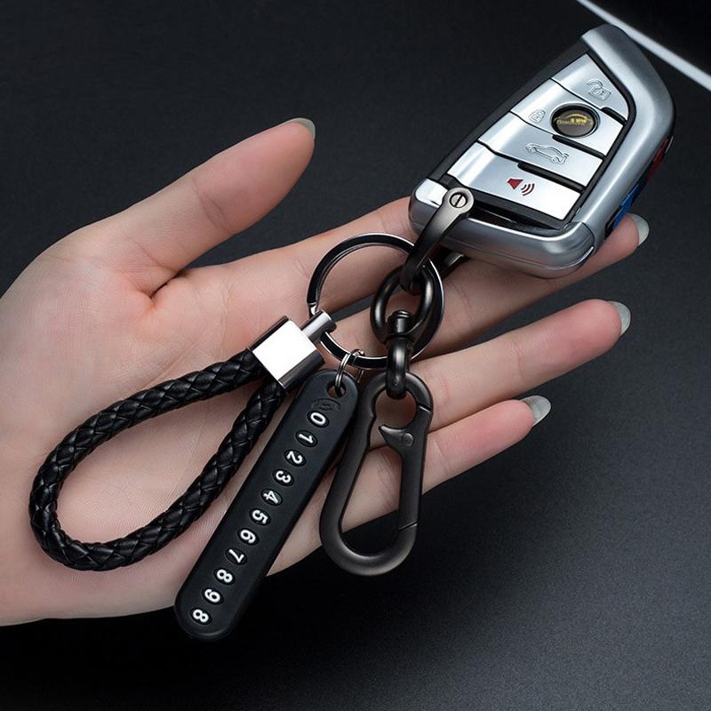 Trendy DIY Mobile Phone Number Plate Keychain - Punk Style Woven Leather Rope, Anti-lost Car Key Accessory for Men