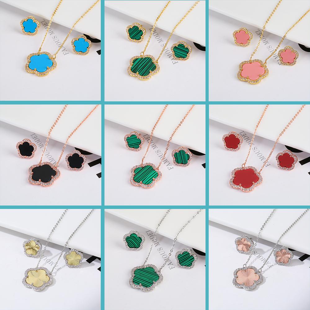 Top Quality Women Girls Five Leaf Flower Set Necklace Earrings Fashion Luxury Natural Stone Shell Set High Quality Zircon Gifts