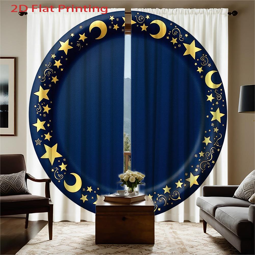 2D Flat   2pcs   2D Flat Printing Curtains   Blue Round Plate with Golden Stars and Moons Decor Rod Pocket Velvet Fabric Window Tre