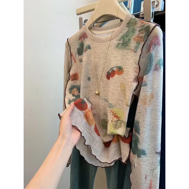 

Women s Cartoon Print Sheer Long Sleeve Top Loose Casual Round Neck Lightweight Blouse Onesize хакі