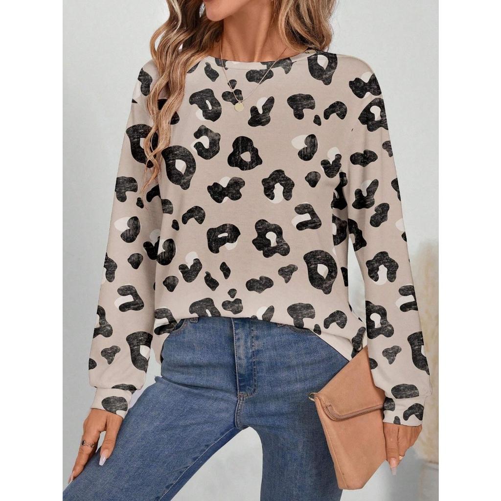 Round Neck 3D Printed Leopard Print Pattern Top Fashionable Casual Long Sleeved Women's Sweatshirts