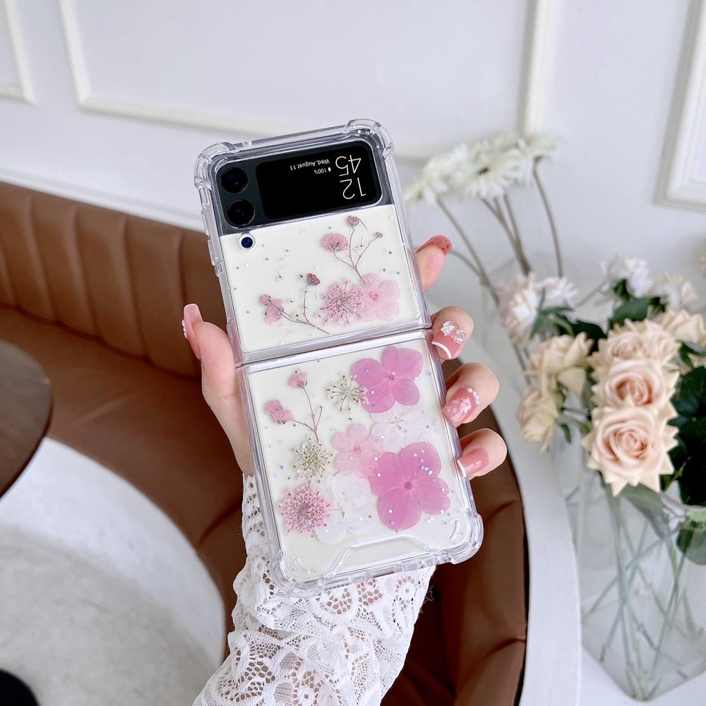 Luxe Gedroogde Echte Bloemen Dames Hoesje voor Samsung Galaxy Z Flip 4 2 3 1 Transparant Helder Schokbestendig Zacht flip4 Flip3 Flip2 Cover Z Flip 3