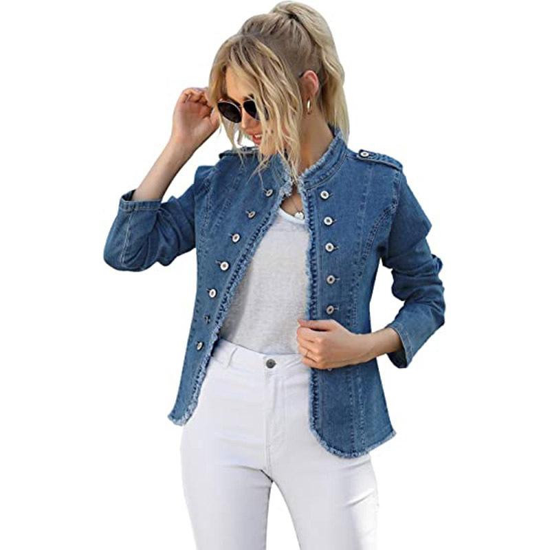 Giacca di jeans corta da donna a monopetto con colletto alla coreana per la primavera