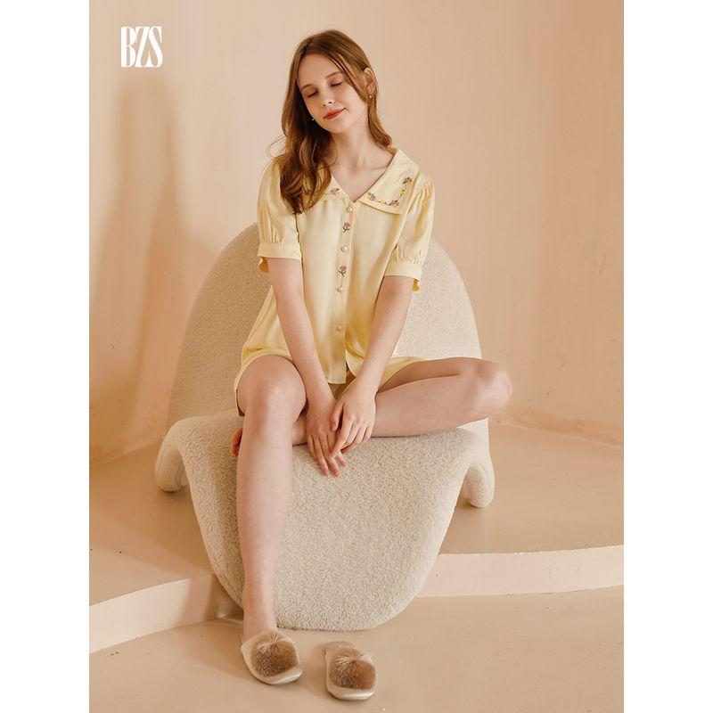 Summer 2024 Short Sleeve Embroider Rose Casual Shorts Cute plus Size Comfort Pajamas Homewear Suit Women