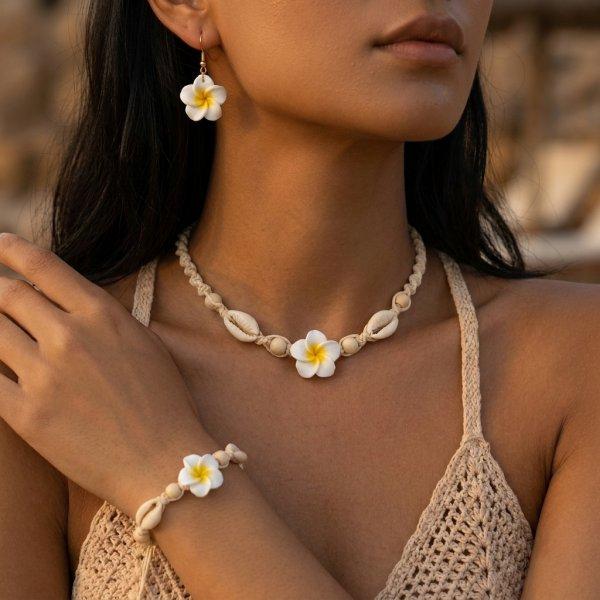Bohemian Beach Beaded Choker Necklace for Women Hawaiian Pink Yellow Hawaiian Flower Pearl Necklaces Summer Vacation Jewelry