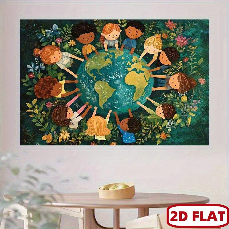 2D plan, featuring one Earth and a unified theme background, surrounded by various children and vibrant flowers and leaves