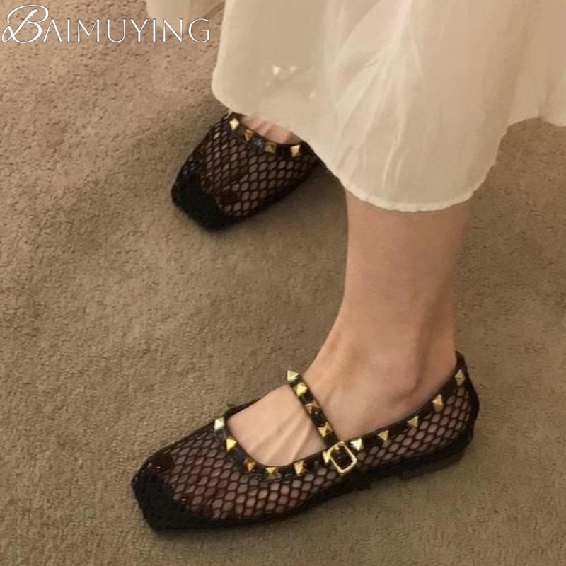 Fashion Women Marie Janes Shoes Woman Square Toe Mesh Flat Sandals Summer 2025 Trend Soft Sole Casual Elegant Dress Comfort Zapatillas
