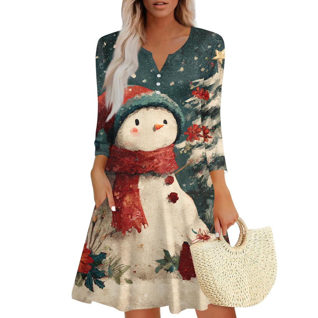 Women's Christmas Printed Fashionable V-neck Button Seven Part Cuff Pocket Dress