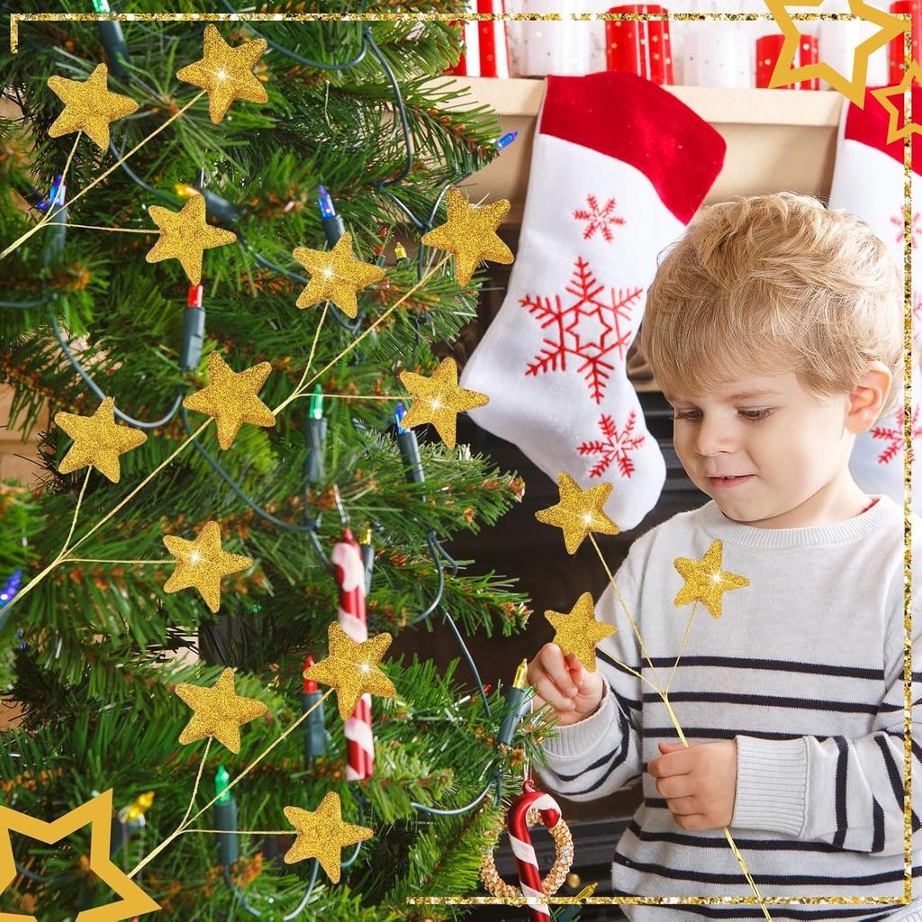 24 Pcs Glitter Star Picks 14.5 Inch Sparkly Star Stem Christmas Star Tree Picks Twinkle Star Sticks Foam Vase Decoration for Christmas Birthday Party