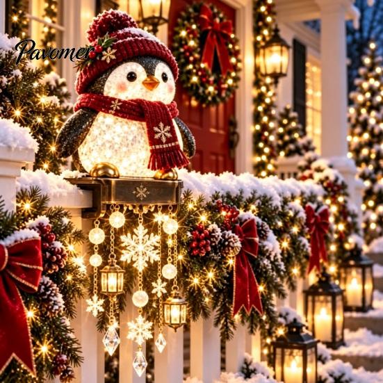Joyful Holiday Atmosphere Lamps Lighted Christmas Railing Figurine, Cute Santa/Elk/Penguin/Gingerbread Cascading Lights Rail Light for Porch
