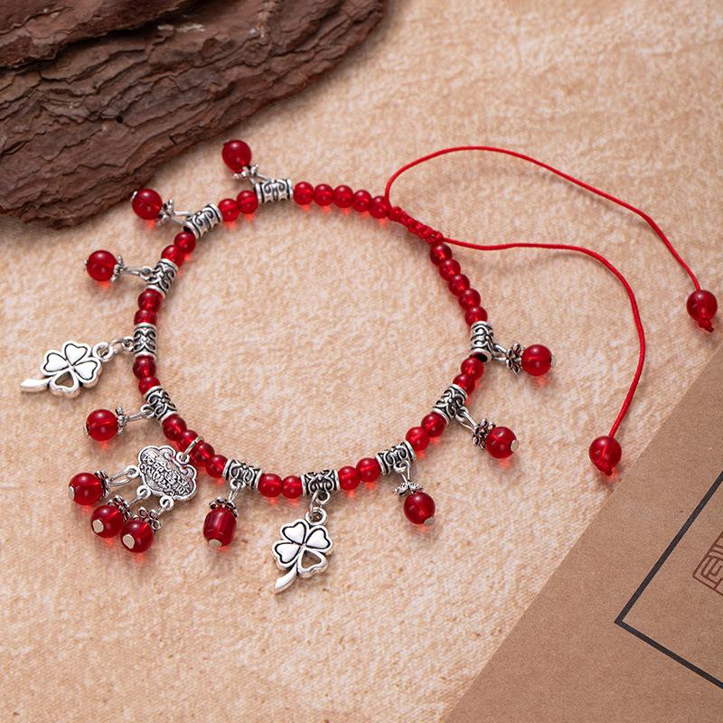 Red String Foot Chain Garnet Foot Accessory Long-life Lock Bell Handcrafted Beaded Accessory