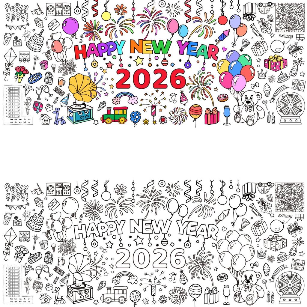 Ogromny Plakat do Kolorowania Szczęśliwego Nowego Roku dla Dzieci 2026 Sylwester Ogromny Obrus do Kolorowania Duże Książki Ogromny Arkusz Strona Nakrycie Stołu