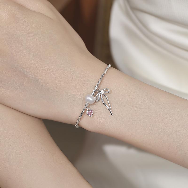 Pink Love Bow Imitation Broken Silver Bracelet Women'S Niche Exquisite High-End Sweet Bracelet