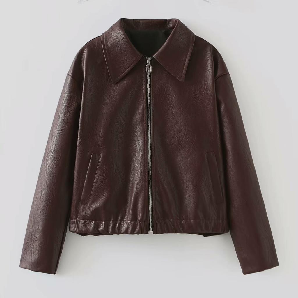 Spring Autumn Solid Color Square Neck Leather Jacket Women's Streetwear Ins Outwear Coat Black
